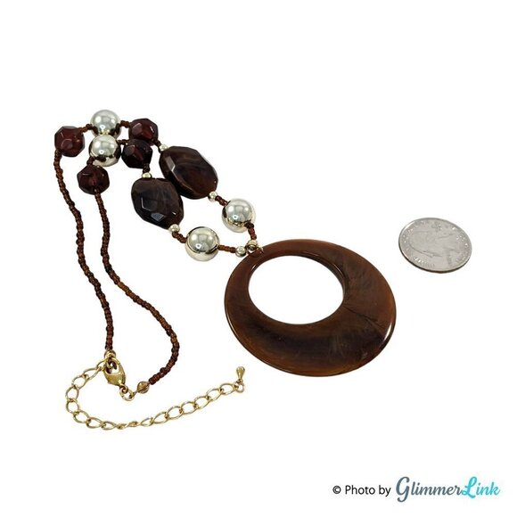 Boho Brown & Gold Tone Beaded Donut Pendant Necklace - Picture 6 of 7